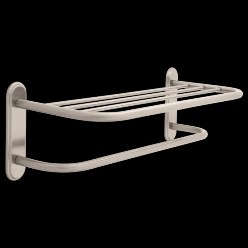 Delta 43224-SN 24 Brass Towel Shelf with Brass Step Style Beveled Flanges and One Bar, Concealed Mounting