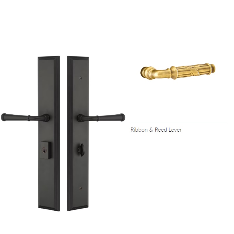 Emtek 1L1M51RBLRH Large Multi Point , Keyed with Euro Profile Cyl , Hub Below Handle , Melrose Style , 2.9 x 17.5 , Ribbon and Reed Lever , RH