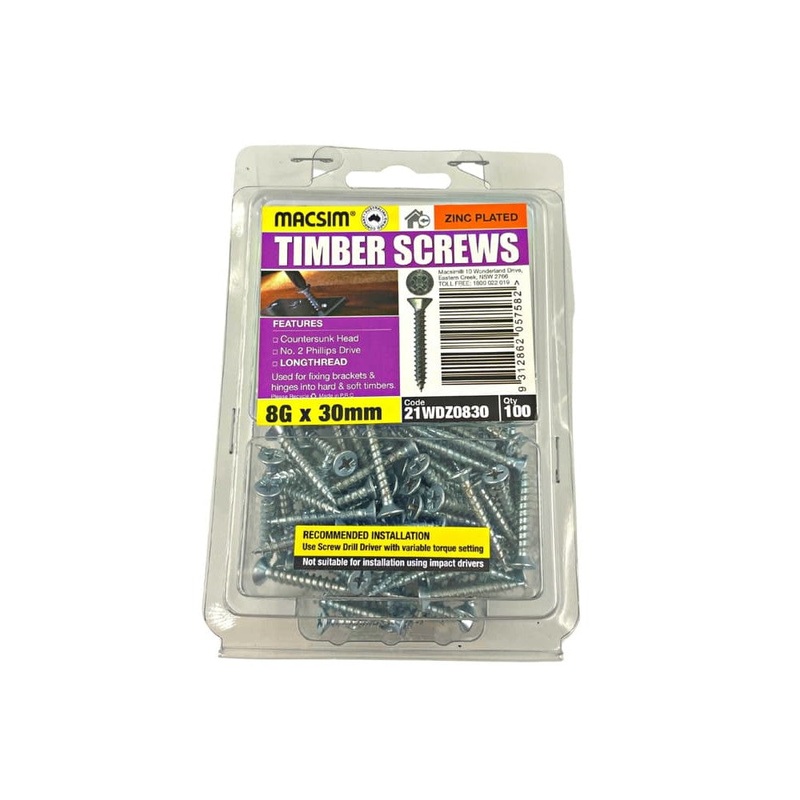Screw L/Thread CSK 8g x 30mm Zinc Pk100