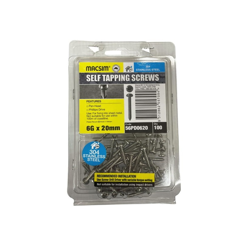 Screw Self Tapping Pan 6g x 20mm 304 SS Pk100
