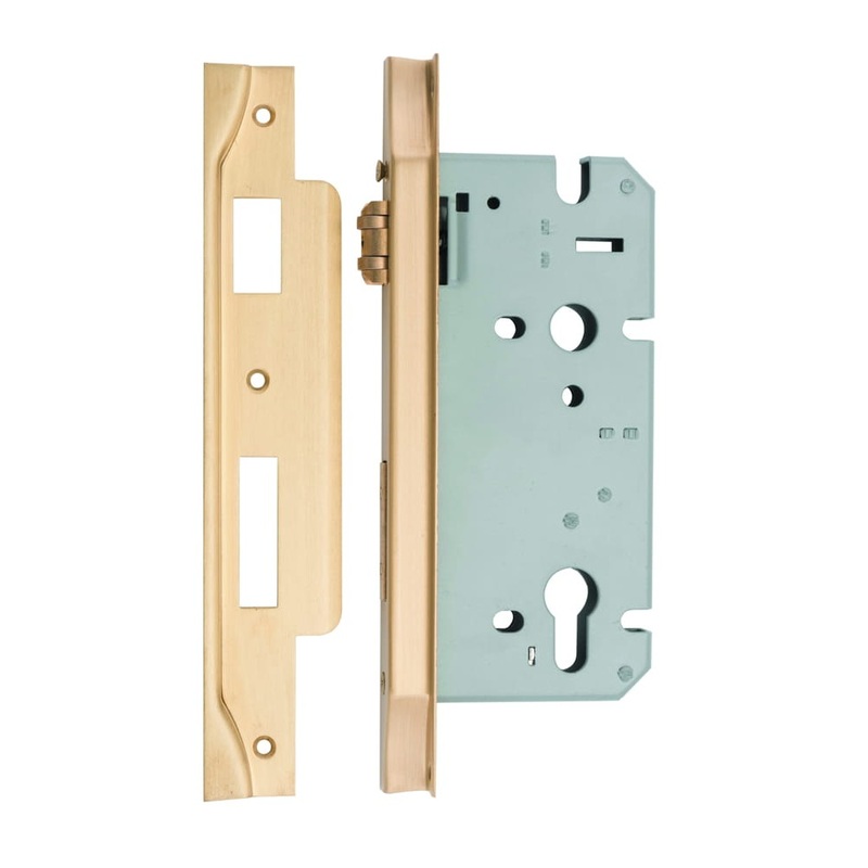 Mortice Lock Roller Euro Rebated Brushed Brass CTC85mm Backset 60mm