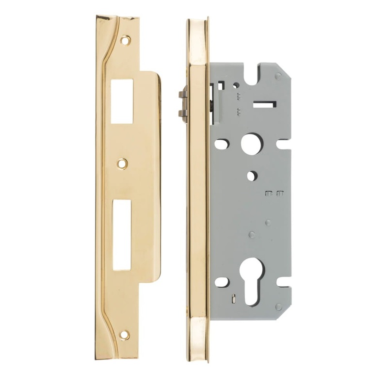 Mortice Lock Roller Euro Rebated Polished Brass CTC85mm Backset 45mm