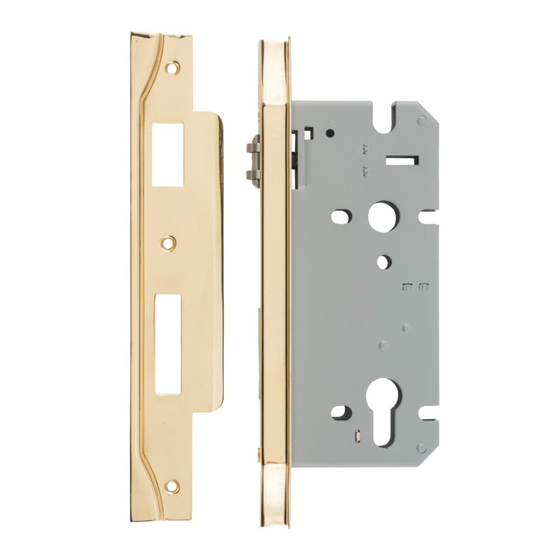 Mortice Lock Roller Euro Rebated Polished Brass CTC85mm Backset 60mm