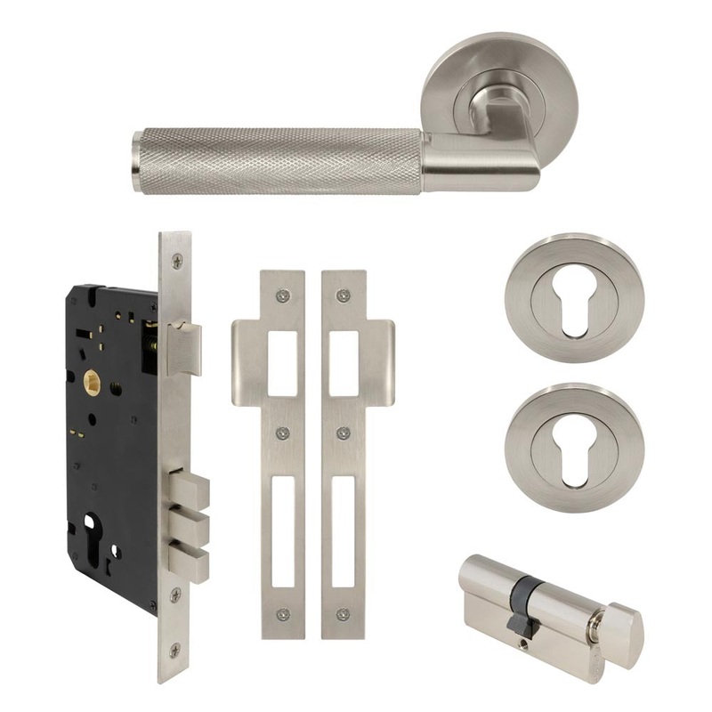 Lumina Diamond Knurled Lever Round Rose Entrance Set CTC85 K/T Brushed Nickel