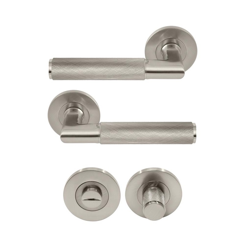 Lumina Diamond Knurled Lever Round Rose Privacy Set Brushed Nickel