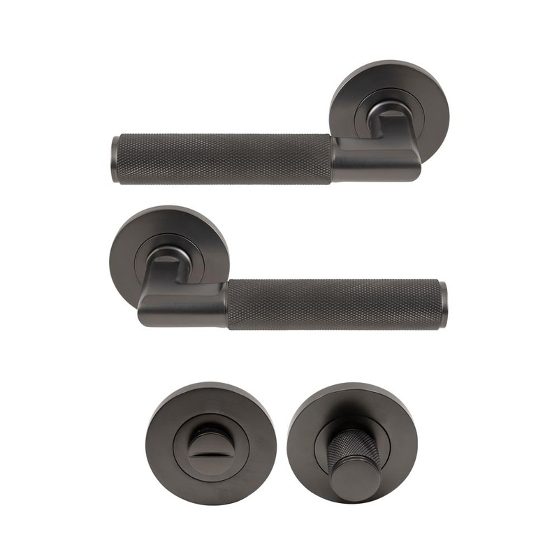 Lumina Diamond Knurled Lever Round Rose Privacy Set Graphite Nickel