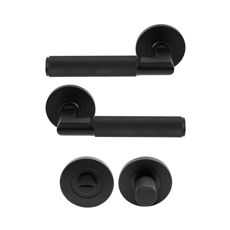 Lumina Diamond Knurled Lever Round Rose Privacy Set Matt Black