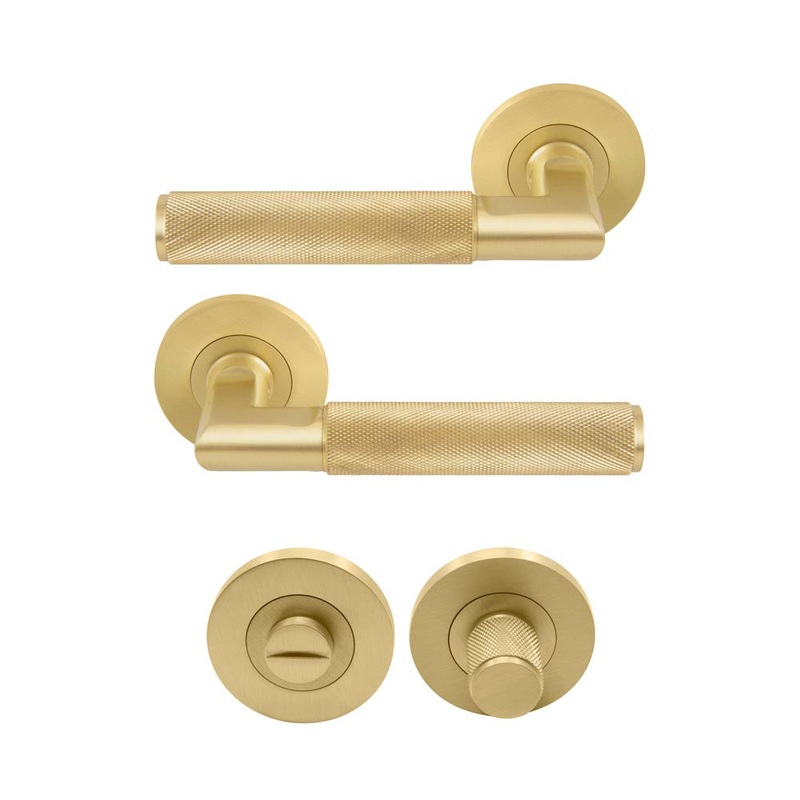Lumina Diamond Knurled Lever Round Rose Privacy Set Matt Satin Brass