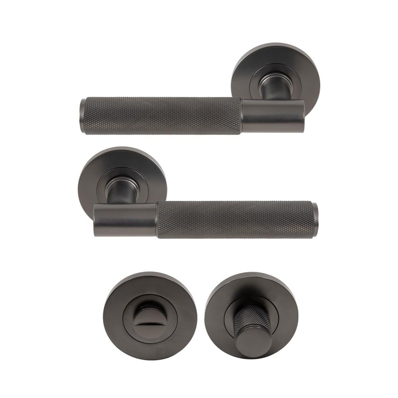 Verge Diamond Knurled Lever Round Rose Privacy Set Graphite Nickel