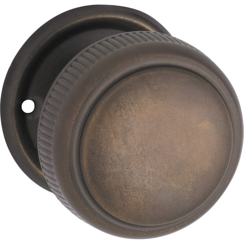 Door Knob Milled Edge Round Rose Pair Antique Brass 52mm
