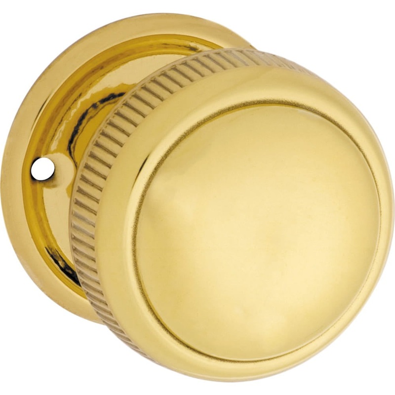 Door Knob Milled Edge Round Rose Pair Polished Brass 52mm