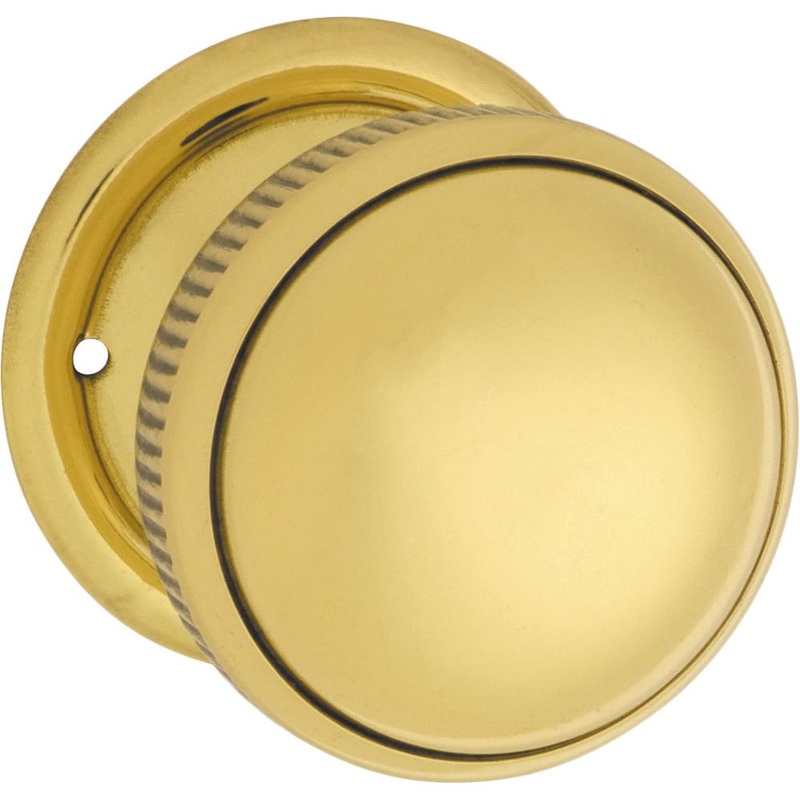 Door Knob Milled Edge Round Rose Pair Unlacquered Polished Brass 45mm