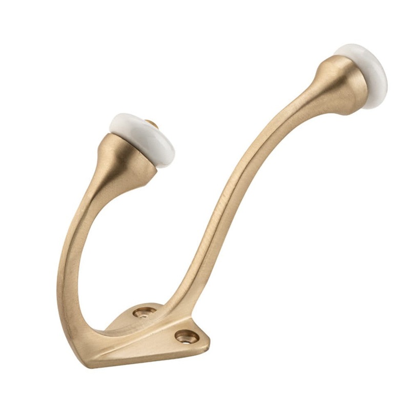 Hat & Coat Hook Porcelain Tip Satin Brass H115xP75mm