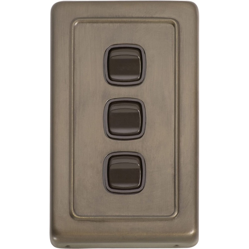 Switch Flat Plate Rocker 3 Gang Brown Antique Brass