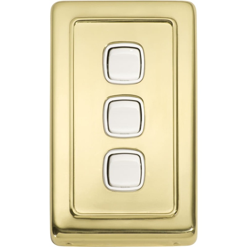 Switch Flat Plate Rocker 3 Gang White Polished Brass