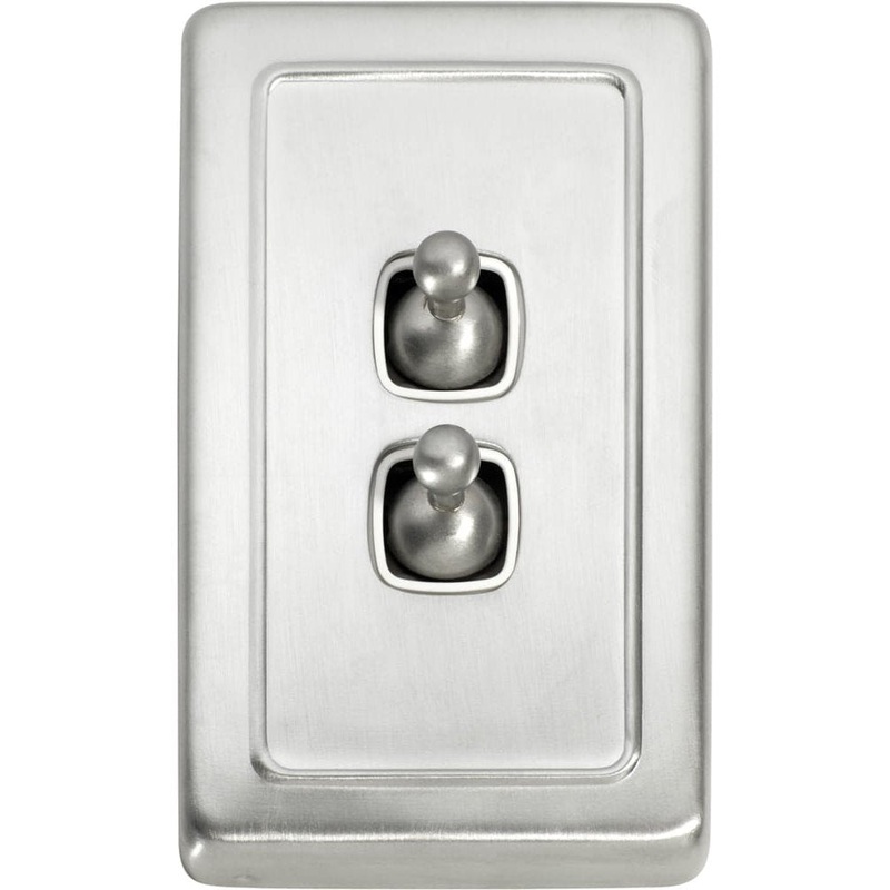 Switch Flat Plate Toggle 2 Gang White Satin Chrome