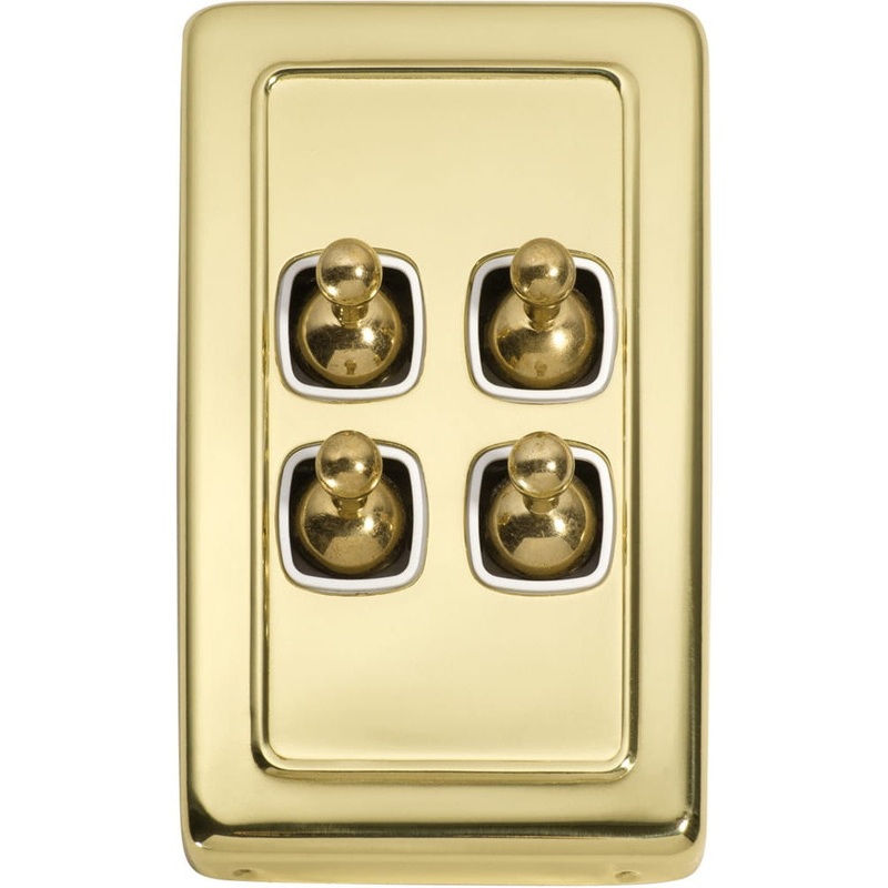 Switch Flat Plate Toggle 4 Gang White Polished Brass