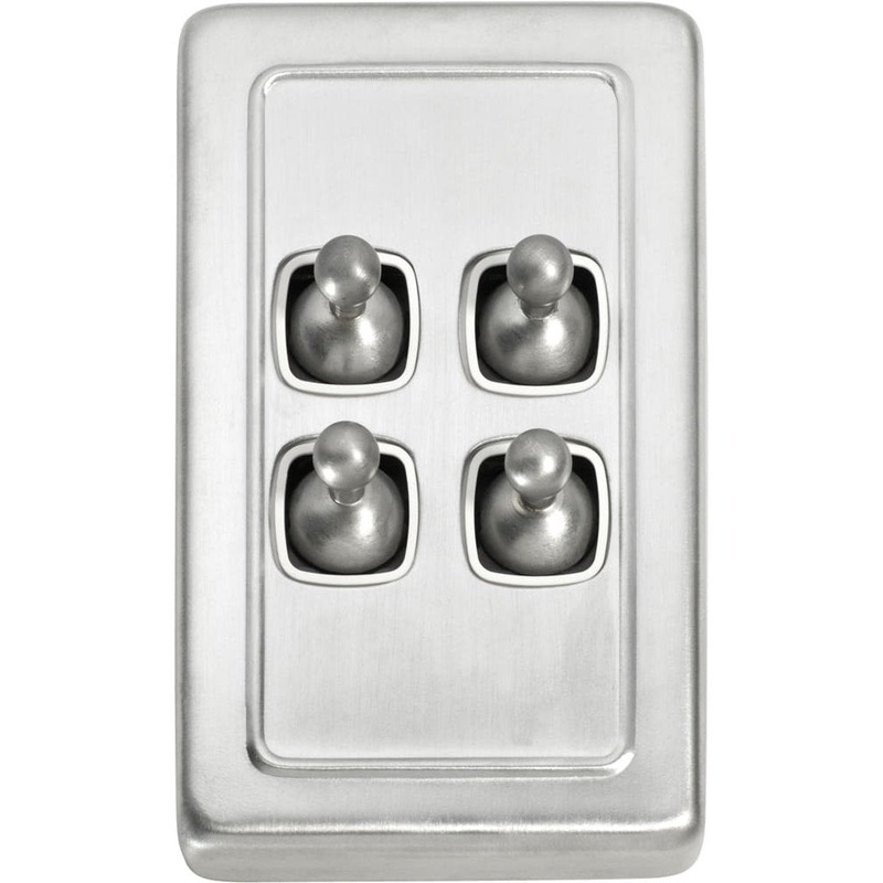 Switch Flat Plate Toggle 4 Gang White Satin Chrome
